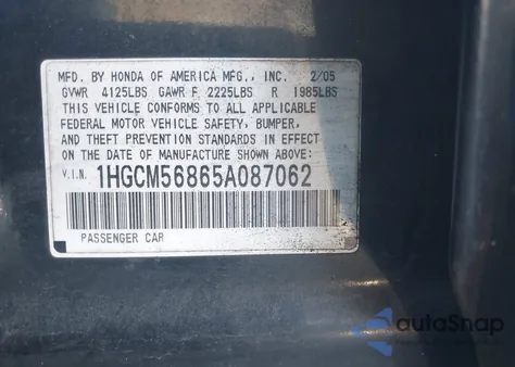 2005 Honda Accord 2.4 Ex z USA, uszkodzony, nr VIN 1HGCM56865A087062